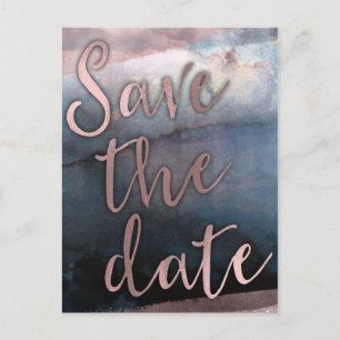 Cartão Postal De Anúncio Aquarela Moderna Azul e Dourado Rosa Save the Date
