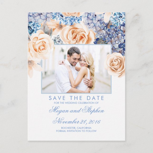 Cartão Postal De Anúncio Aquarelas Florais Azuis e Pêssegos Guardam a Data (Frente)