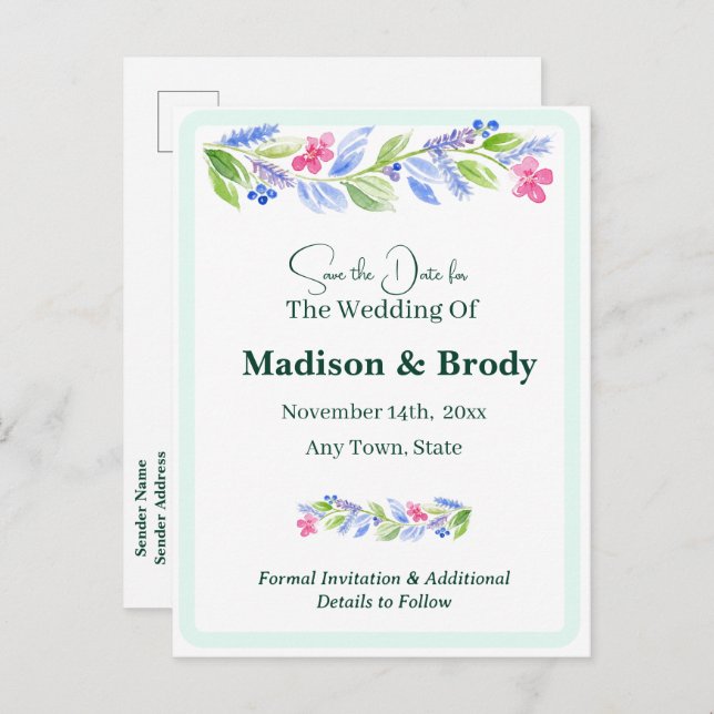 Cartão Postal De Anúncio Aquarelas pintadas Manipuladamente Floral SALVAR A (Frente/Verso)