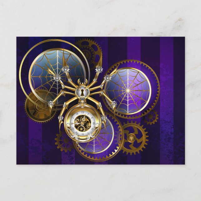 Cartão Postal De Anúncio Aranha Steampunk no fundo roxo (Frente)
