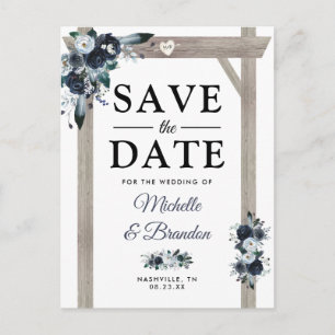 Cartão Postal De Anúncio Arco Rústico Floral Azul Poeirento Save the Date