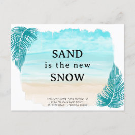 Cartão Postal De Anúncio Areia de praia de folhas de palmeira é a nova neve