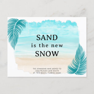 Cartão Postal De Anúncio Areia de praia de folhas de palmeira é a nova neve