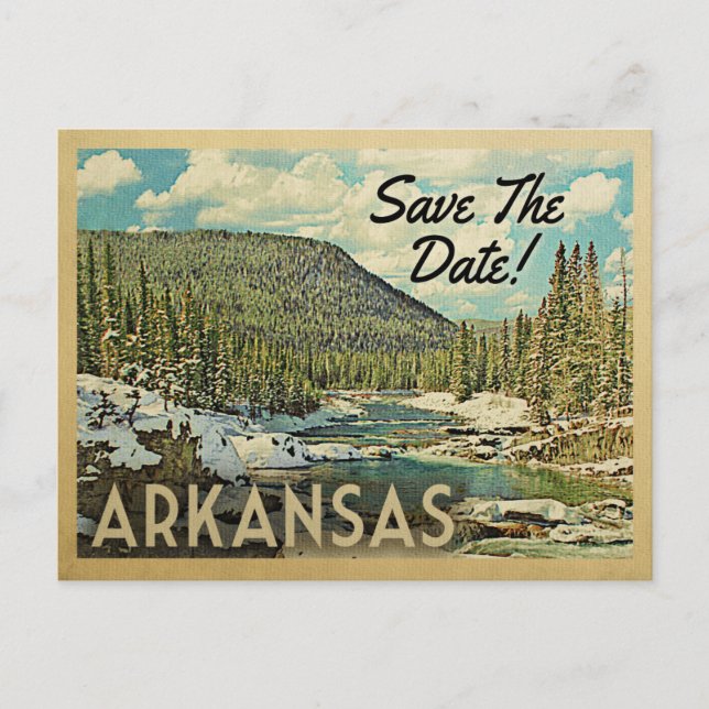 Cartão Postal De Anúncio Arkansas Salve the Date Mountain River Snow (Frente)