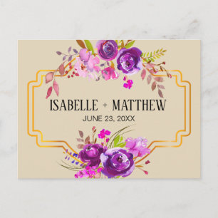 Cartão Postal De Anúncio Art Deco Floral em Roxo Aquarela Save the Date