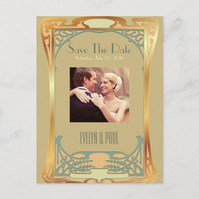 Cartão Postal De Anúncio Arte Deco Antigo Save The Date ~ Inspirado em Gats (Frente)