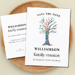 Cartão Postal De Anúncio Árvore da Família de Reunião Salva a Data<br><div class="desc">Esta simples e na moda da Reunião Salva a data é decorada com uma árvore genealógica colorida. Facilmente personalizável. Use a Ferramenta Design para alterar o tamanho, o estilo ou a cor do texto. Porque nós criamos a nossa trabalho de arte, você não encontrará esta imagem exata de outros designers....</div>