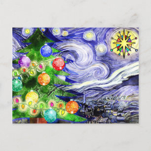 Cartão Postal De Anúncio Árvore de Natal Noturna Estrelada Aquarela