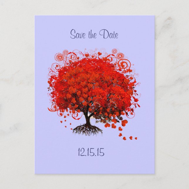 Cartão Postal De Anúncio Árvore Vermelha em Casamento de Perwinkle Save the (Frente)