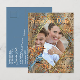 Cartão Postal De Anúncio Árvores altas, folhas de outono & pássaros azuis.