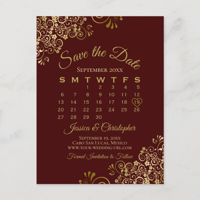 Cartão Postal De Anúncio Auburn Brown Dourado Wedding Salvar Calendário de  (Frente)