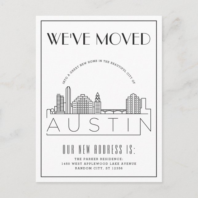 Cartão Postal De Anúncio Austin Skyline Modern Deco | Mudança de Endereço (Frente)
