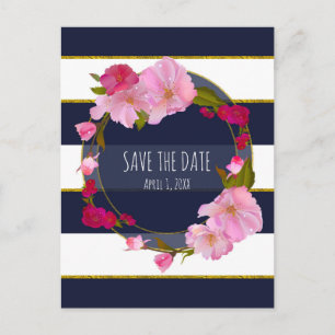 Cartão Postal De Anúncio Azul Branco e Dourado Moderno Floral Save The Date