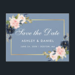 Cartão Postal De Anúncio Azul Dusty Rosa Esbranquiçado Floral Dourado Guard<br><div class="desc">Moderno Elegante,  Watercolor Azul Cor Azul Cor-De-Rosa Esbranquiçada Floral,  Quadro Dourado Salva O Cartão-Postal Do Noivado De Data</div>