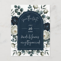 Azul Escuro e Branco Moderno Save the Date com Flo