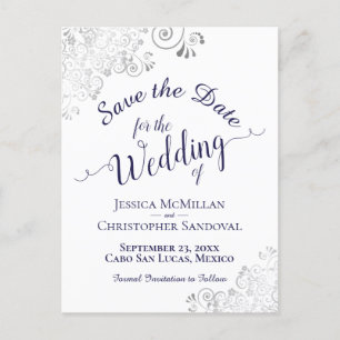 Cartão Postal De Anúncio Azul Marinho Renda Prata Casamento Salve a Data Br