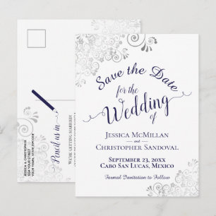 Cartão Postal De Anúncio Azul Marinho Renda Prata Casamento Salve a Data Br