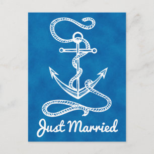 Cartão Postal De Anúncio Azul Naval Náutico Recém-Casados Âncora Aquarela
