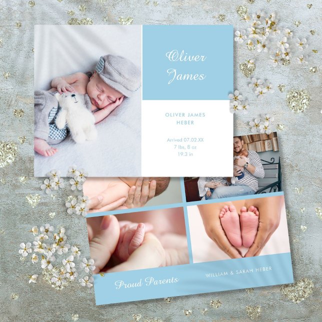 Cartão Postal De Anúncio Baby Boy Foto Moderna Elegante Escrita Azul Nascim (Baby Boy Photo Modern Elegant Script Blue Birth Announcement Postcard)