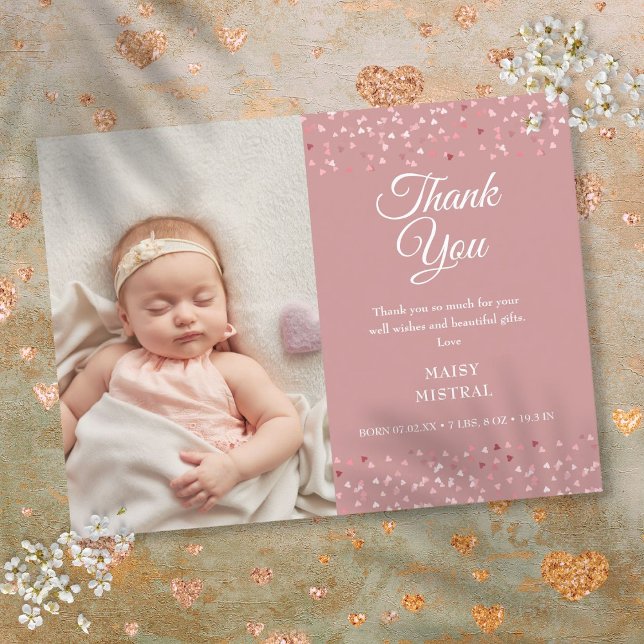 Cartão Postal De Anúncio Baby Girl Photo Love Heart Script Obrigado Birth (Baby Girl Photo Love Hearts Script Thank You Birth Announcement Postcard)