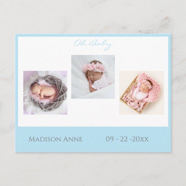 Cartão Postal De Anúncio Baby Photo Blue Boy Script Stats Bonito Nascimento (Frente)