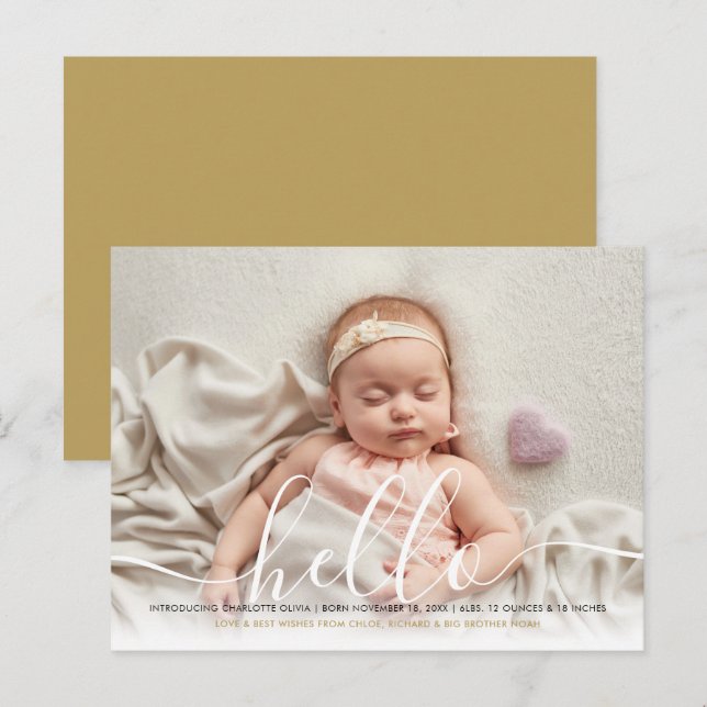 Cartão Postal De Anúncio Baby Photo Elegant Script Hello Dourado Birth Anno (Frente/Verso)