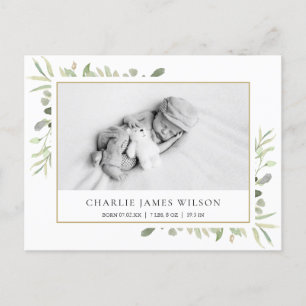 Cartão Postal De Anúncio Baby Photo Watercolor Greenery Birth