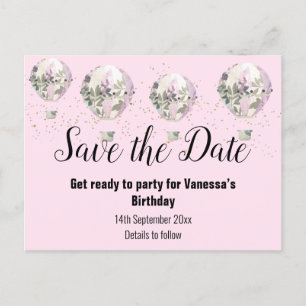 Cartão Postal De Anúncio Balão de Ar Quente Rosa Salve a Data