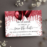 Cartão Postal De Anúncio Balões de luz branca de aniversário salvam a data<br><div class="desc">Um fundo branco chic decorado com pingos e balões vermelhos de brilho. Personalize e adicione uma data e nome/idade. O texto: Salvar a Data é gravado com um script de estilo com letra de tendência grande.</div>