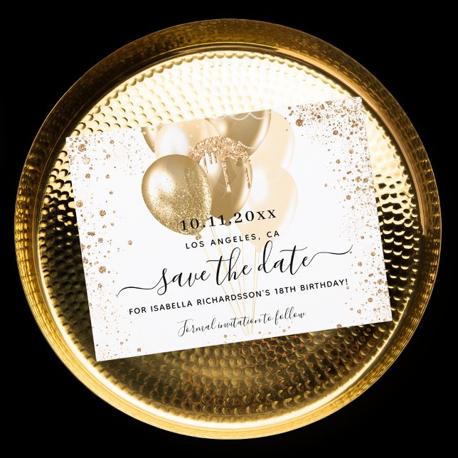 Cartão Postal De Anúncio Balões de ouro branco de aniversário salvam a data (Criador carregado)