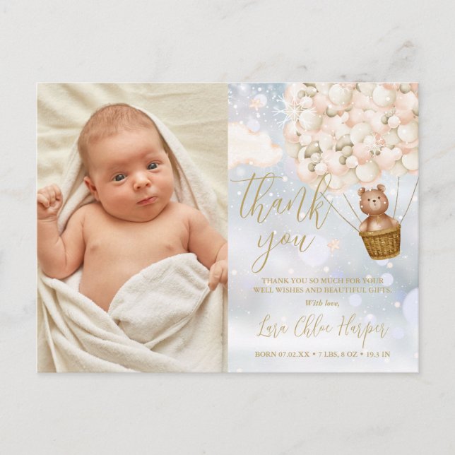 Cartão Postal De Anúncio Balões de Urso Obrigado Inverno Bebê Foto Nascimen (Frente)