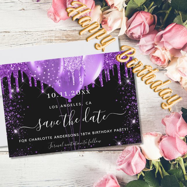 Cartão Postal De Anúncio Balões roxos festas de aniversário pretos salvam a (Criador carregado)