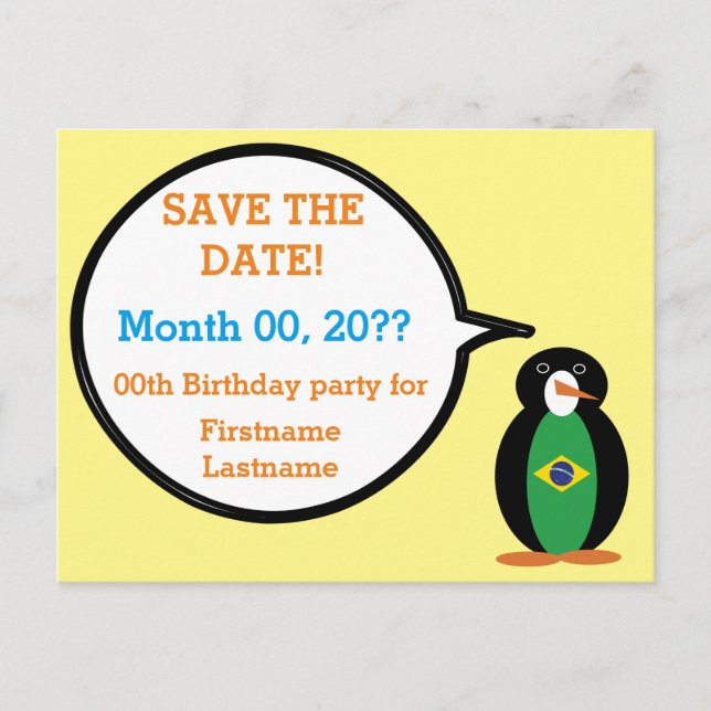Cartão Postal De Anúncio Bandeira do Brasil Pinguim Falante Personalizado (Frente)