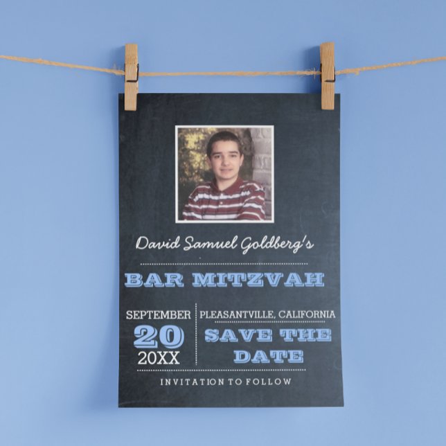 Cartão Postal De Anúncio Bar Mitzvah Foto Quadro-negro Azul Save the Date (Criador carregado)