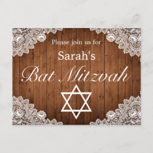Cartão Postal De Anúncio Bar Rústico de Madeira e Lace Branco Bat Mitzvah