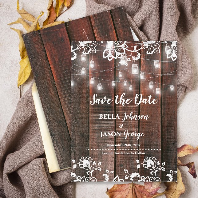 Cartão Postal De Anúncio Barn Lace Rustic Wood String Lights Wedding (Rustic Wood String Lights Wedding Announcement Postcard | Barn Lace Wood Marriage Announcement)