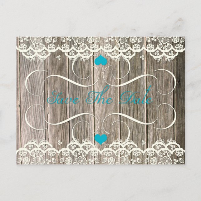 Cartão Postal De Anúncio Barn Wood Lace Teal Hearts Swirls Salvar Data (Frente)