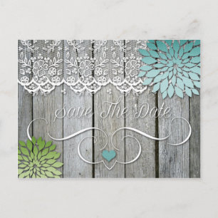 Cartão Postal De Anúncio Barn Wood Modern Teal Green Petals Salvem a Data