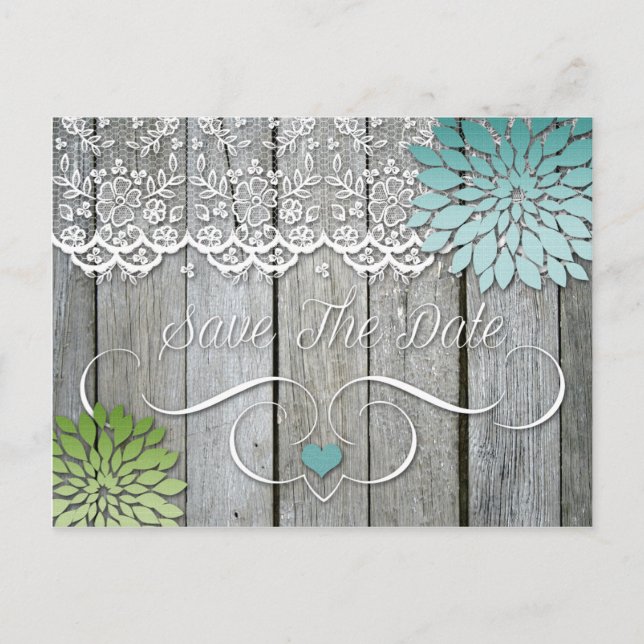 Cartão Postal De Anúncio Barn Wood Modern Teal Green Petals Salvem a Data (Frente)
