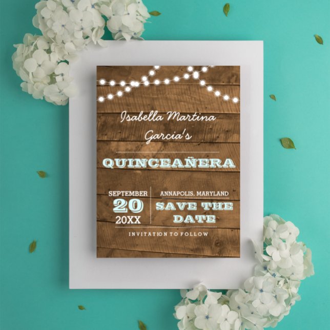Cartão Postal De Anúncio Barnwood Lights Aqua Quinceañera Salve a Data (Criador carregado)