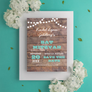 Cartão Postal De Anúncio Barnwood Lights Teal Bat Mitzvah Salvar a Data