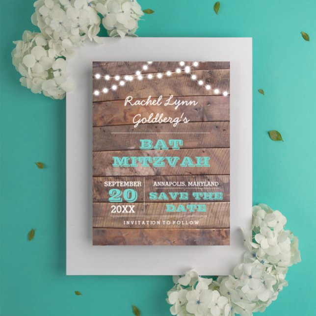 Cartão Postal De Anúncio Barnwood Lights Teal Bat Mitzvah Salvar a Data (Criador carregado)