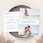 Cartão Postal De Anúncio Basta destacar duas fotos para salvar a data<br><div class="desc">Diga "sim" a estes bonitos, salve os cartões postais de data e anote seu grande dia aos amigos e à família em estilo chic! Salve com formato simples os cartões postais de data com duas de suas fotos de noivado favoritas intercaladas por um cartaz branco que mostra "salve a data"...</div>