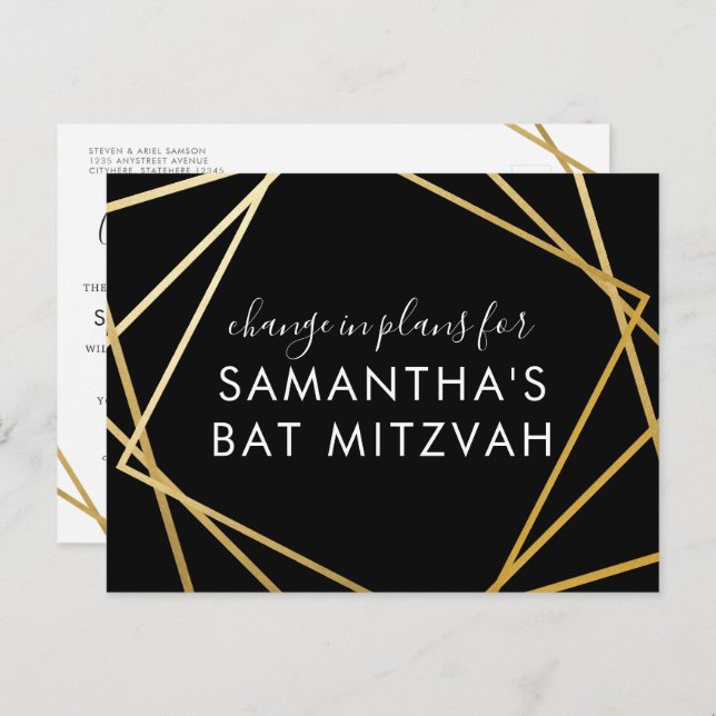 Cartão Postal De Anúncio Bat Mitzvah Mudança de planos Dourado moderno (Frente/Verso)