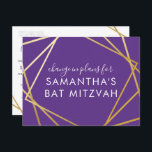 Cartão Postal De Anúncio Bat Mitzvah Mudança de Planos Dourado Roxo Moderno<br><div class="desc">Cartão-postal moderno, moderno, de tendências e elegante, roxo e ouro, Bat Mitzvah, para anunciar uma mudança de celebração ou cerimônia nos planos de um evento virtual, com uma fronteira moderna de quadrados geométricos abstrato. Personalize facilmente este cartão postal "Alterar a data ou planos" do seu Bat Virtual Mitzvah com nome,...</div>