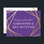 Cartão Postal De Anúncio Bat Mitzvah Mudança de Planos Dourado Roxo Moderno<br><div class="desc">Cartão-postal moderno, moderno, de tendências e elegante, roxo e ouro, Bat Mitzvah, para anunciar uma mudança de celebração ou cerimônia nos planos de um evento virtual, com uma fronteira moderna de quadrados geométricos abstrato. Personalize facilmente este cartão postal "Alterar a data ou planos" do seu Bat Virtual Mitzvah com nome,...</div>