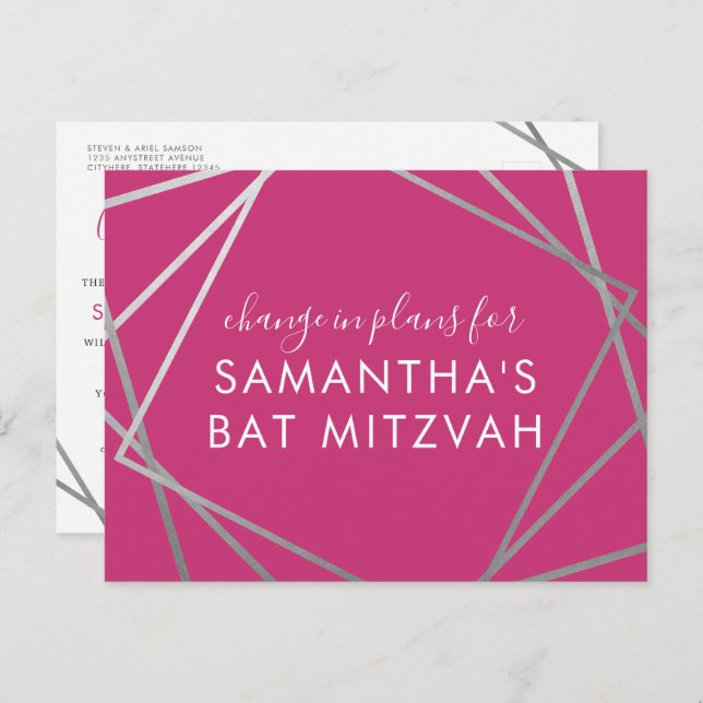 Cartão Postal De Anúncio Bat Mitzvah Mudança de Planos Prata Rosa Moderna (Frente/Verso)