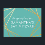 Cartão Postal De Anúncio Bat Mitzvah Mudança de Planos Teal Dourado Moderno<br><div class="desc">Cartão postal moderno, moderno e elegante de turquesa azul-esverdeado e dourado Bat Mitzvah para anunciar uma celebração ou uma mudança cerimonial nos planos para um evento virtual, com uma fronteira moderna de quadrados geométricos de abstrato. Personalize facilmente este cartão postal "altere a data ou os planos" do seu Bat Virtual...</div>