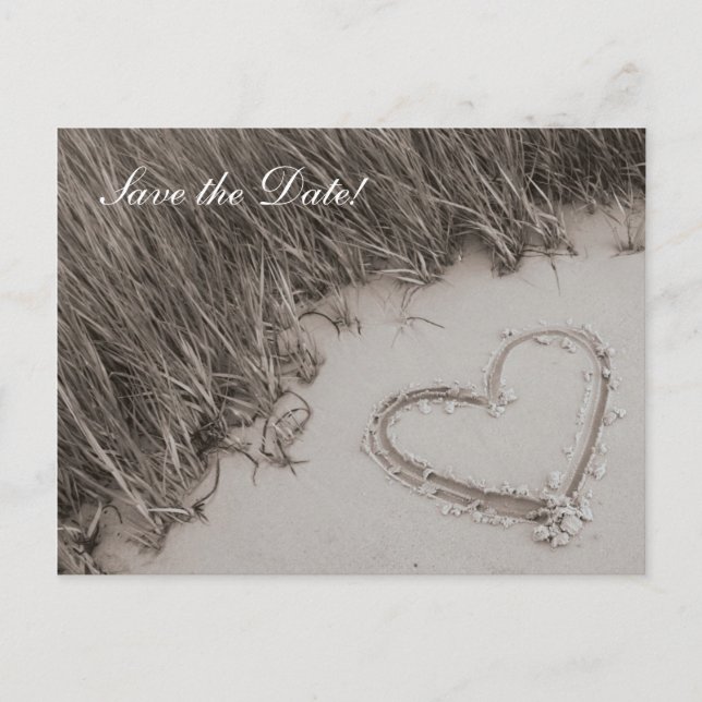 Cartão Postal De Anúncio Beach Heart Sepia Salve a Data (Frente)