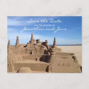 Cartão Postal De Anúncio Beach Ocean Love Sandcastle Casamento Salve a Data